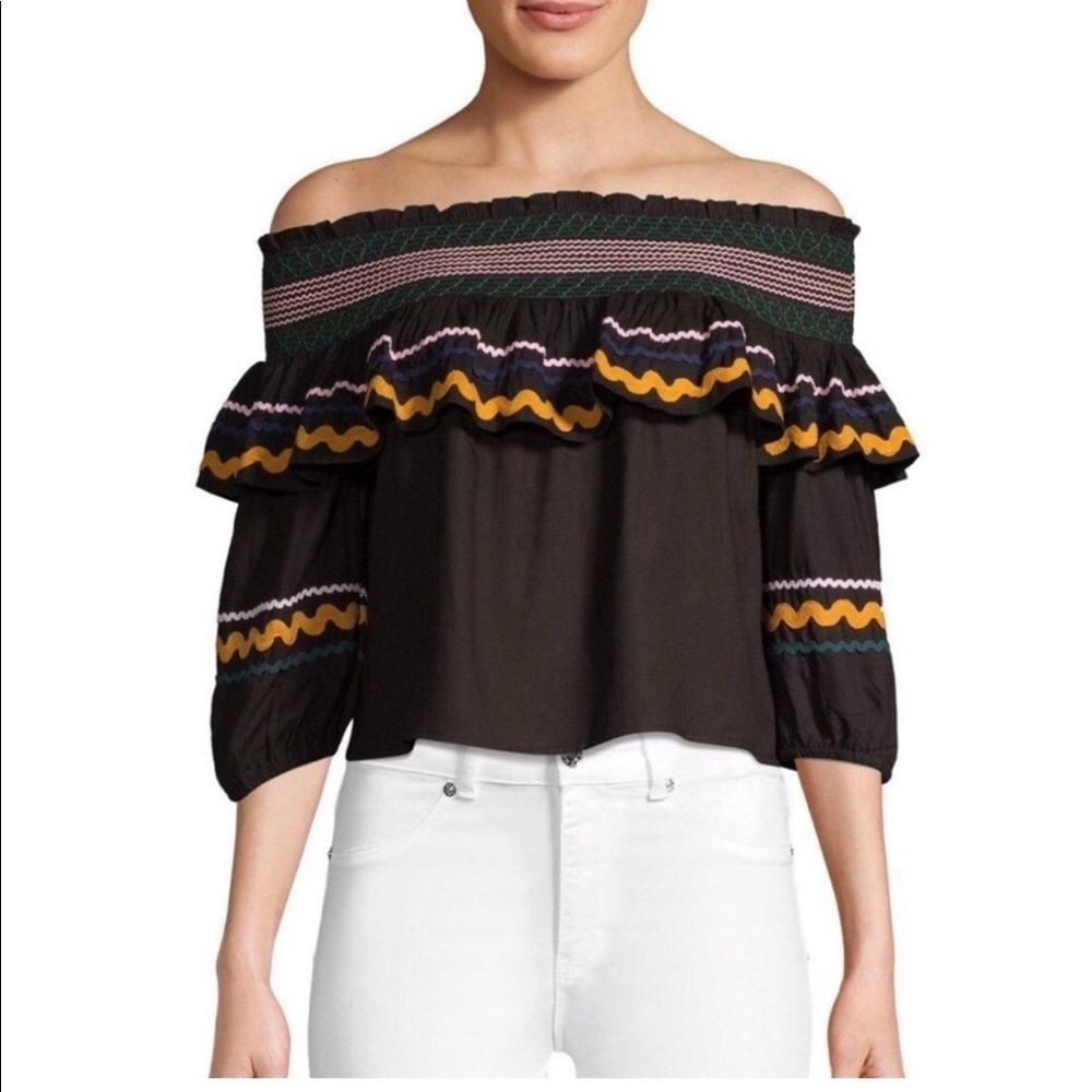 Red Carter Ric Rac Off The Shoulder Cropped Crop Top Paloma Ruffle Embroidered